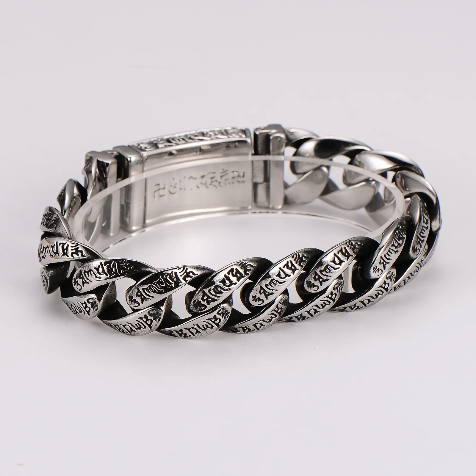 Retro Cuban Link Bracelet 304 Stainless Steel Embossed Buddhist Mantra Religious Totem Punk Hip Hop Men Jewelry
