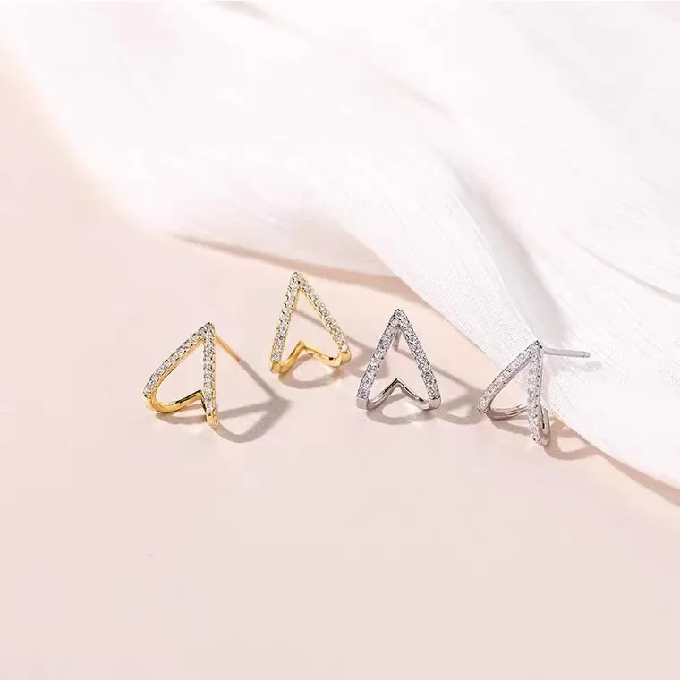 925 Sterling Silver V-Shape Triangle Zirconia Stud Earrings For Women Minimalist Geometric Gold Rose Gold Fashion Jewelry