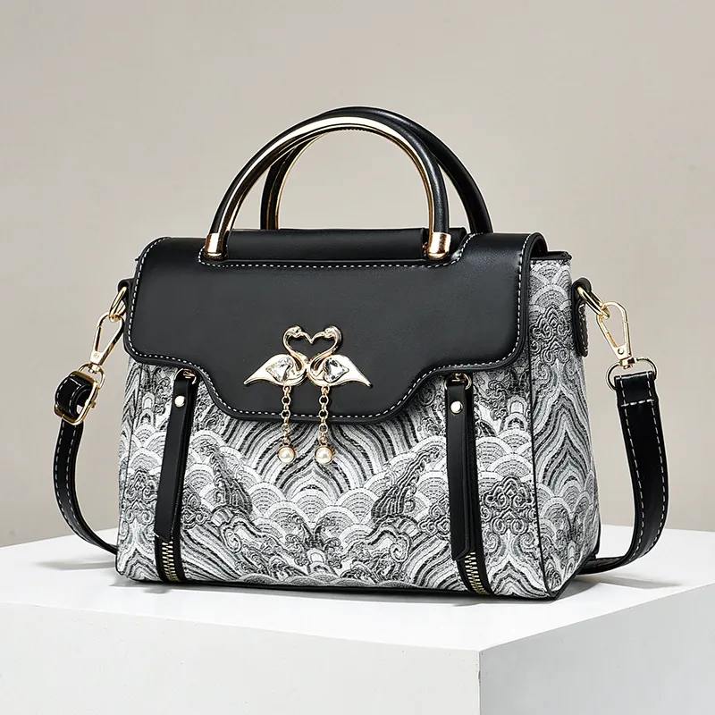 Women Embroidered Handbag PU Leather Wave Pattern Swan Lock Artificial Pearl Tassel Metal Handle Shoulder Bag