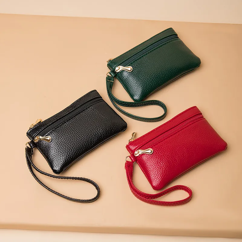 Mini Coin Purse PU Leather Litchi Grain Double Zipper Small Clutch Bag With Wristlet Minimalist For Women Portable