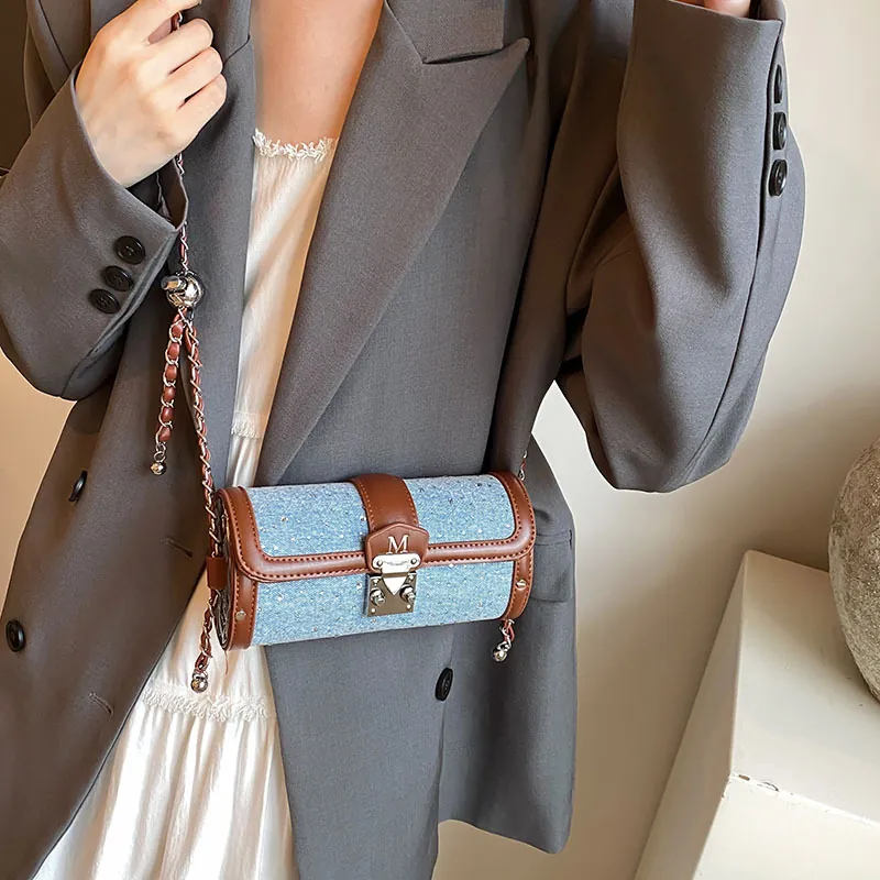 Women Denim Rhinestone Cylinder Bag Fashion M-Letter Lock Chain Shoulder Bag Chic Crossbody Barrel Bag Sparkly PU Trim