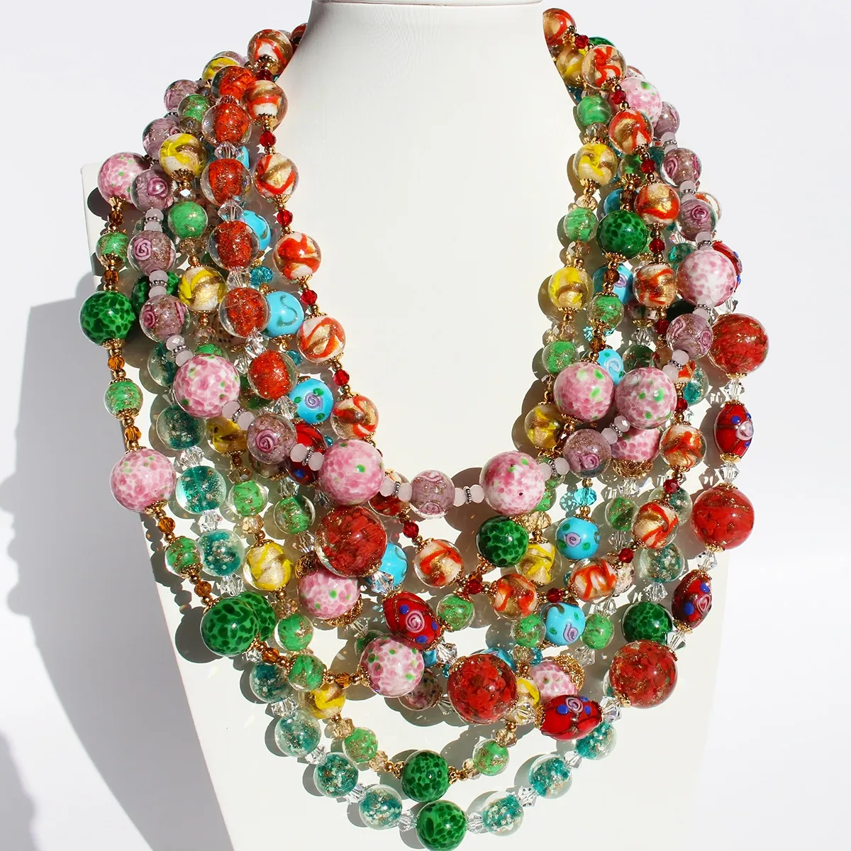 Handmade Beaded Necklace Vintage Lampwork Glass Crystal Brass Gold Plated Ethnic Jewelry For Women