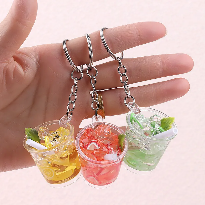 Simulation Fruit Drink Cup Keychain Resin Miniature Ice Bucket Bag Charm Colorful Novelty Keyring