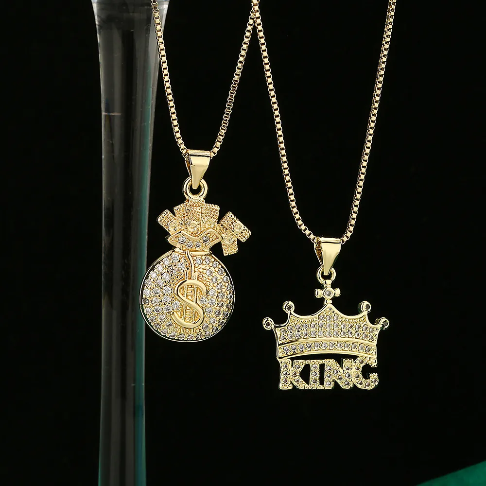 Hip Hop Pendant Necklace Gold Plated Copper With Iced Out Cubic Zirconia Crown King Money Bag Design For Women And Men
