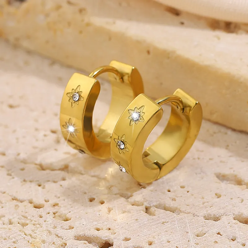 Titanium Steel Hoop Earrings Gold Plated Starburst Zircon Inlaid Light Luxury High End Jewelry For Women