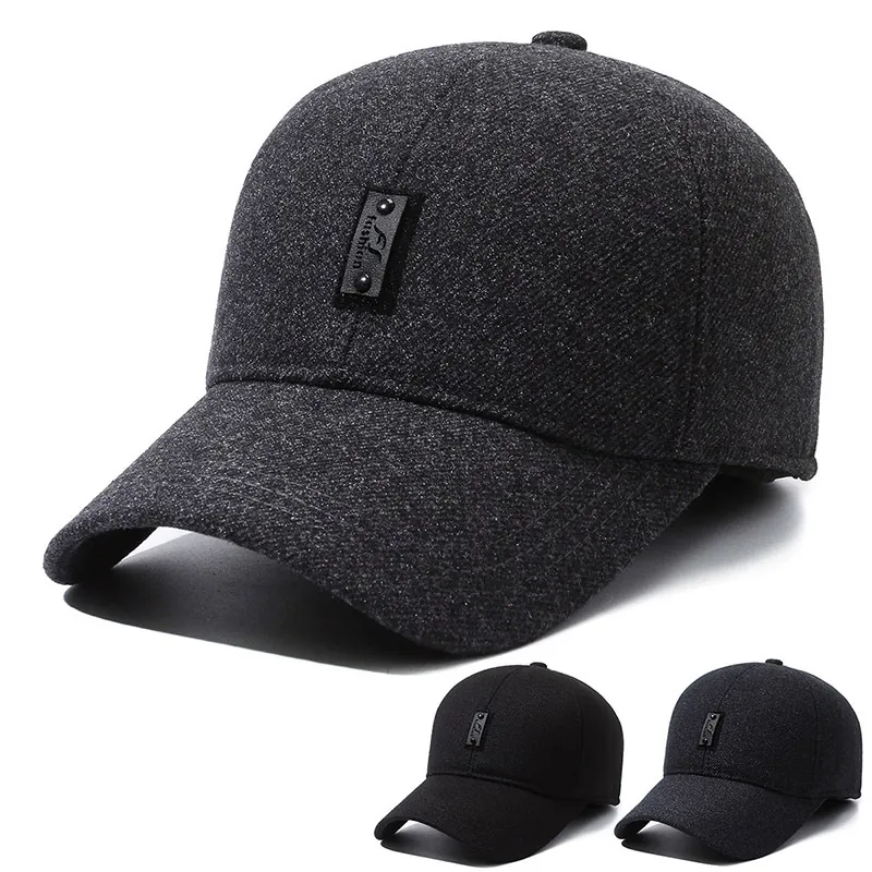 Men Winter Warm Baseball Cap With Ear Protection Windproof Woolen Blend Outdoor Sport Hat Adjustable Solid Color Casual