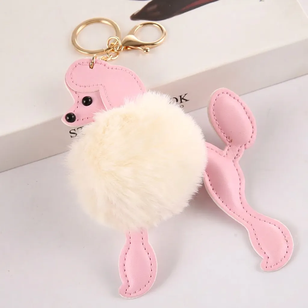 Pudel Hund Schlüsselanhänger Kunstfell Pompon PU Leder Taschenanhänger Cartoon Tier Anhänger Zubehör Für Damen Mädchen