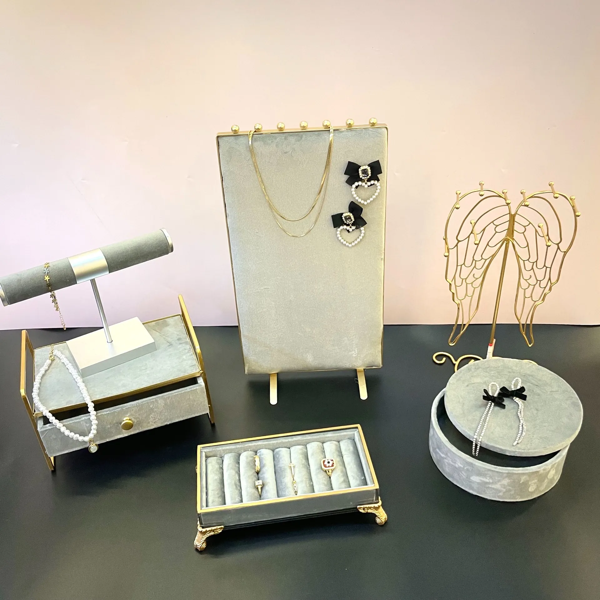 Metal Velvet Jewelry Display Organizer Necklace Stand Earring Holder Ring Tray Bracelet T-Bar Desktop Showcase Luxury