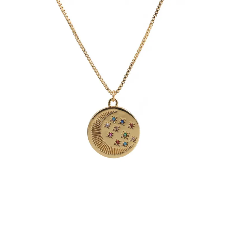 Collier Pendentif Circulaire Lune Étoile Cuivre Strass Colorés Chaîne De Boîte Bijoux Mode Céleste Pour Femmes