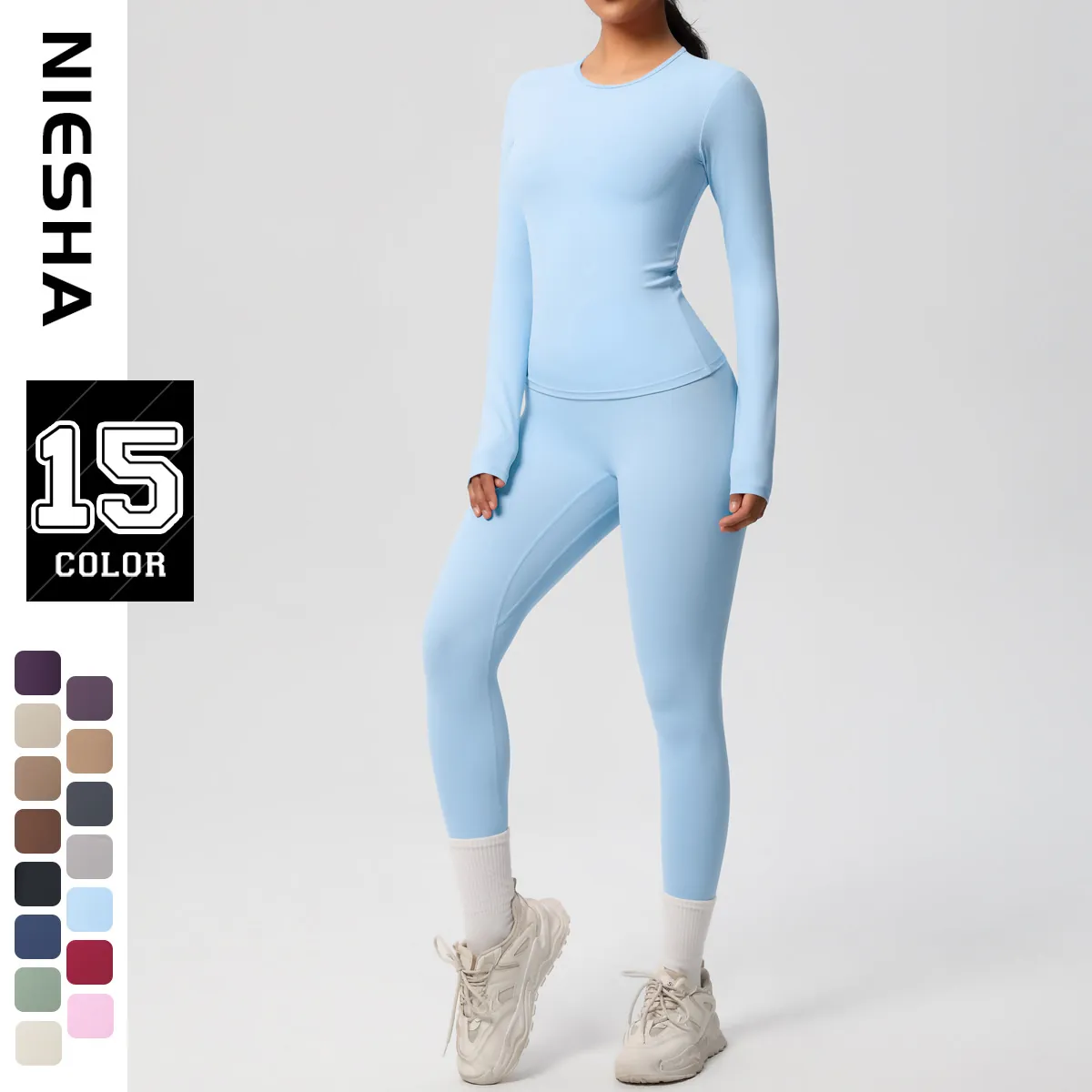Set da Yoga Top E Pantaloni da Donna in Nylon Elastan Leggings Fitness Aderenti a Vita Alta Abbigliamento Sportivo a Manica Lunga Outfits da Palestra