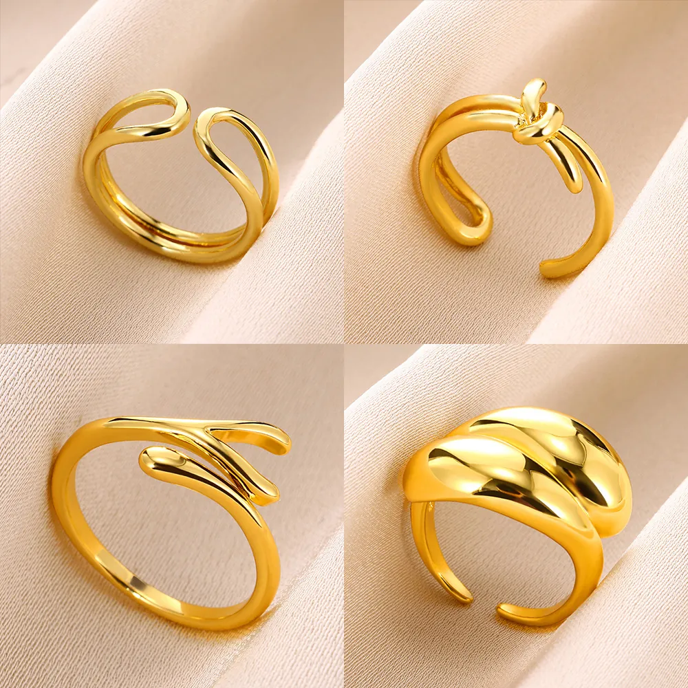 Geometric Rings Gold Plated Copper Open Adjustable Minimalist Double Layer Knot Fluid Designs For Women Fashion Jewelry