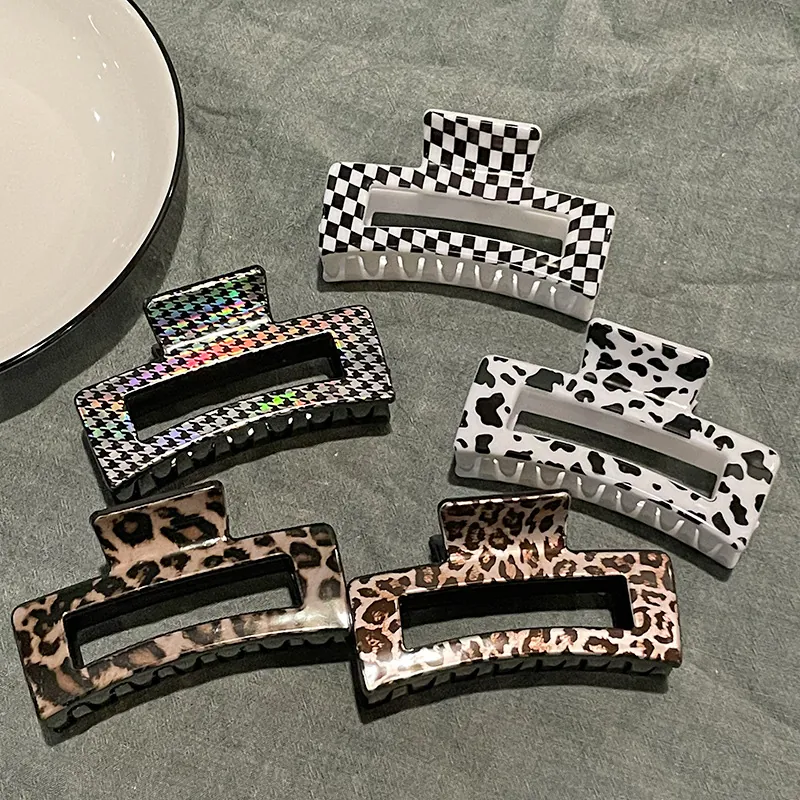Rectangular Hair Claw Clip Nonslip Plastic Leopard Checkerboard Cow Pattern Geometric Fashion Hair Accessory For Women
