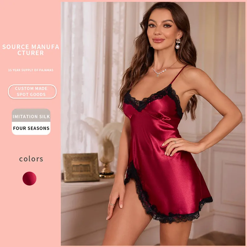 Nuisette Satin Femme Dentelle Bretelles Spaghetti Col V Dos Nu Vêtement De Nuit Fente Latérale Rouge Vin