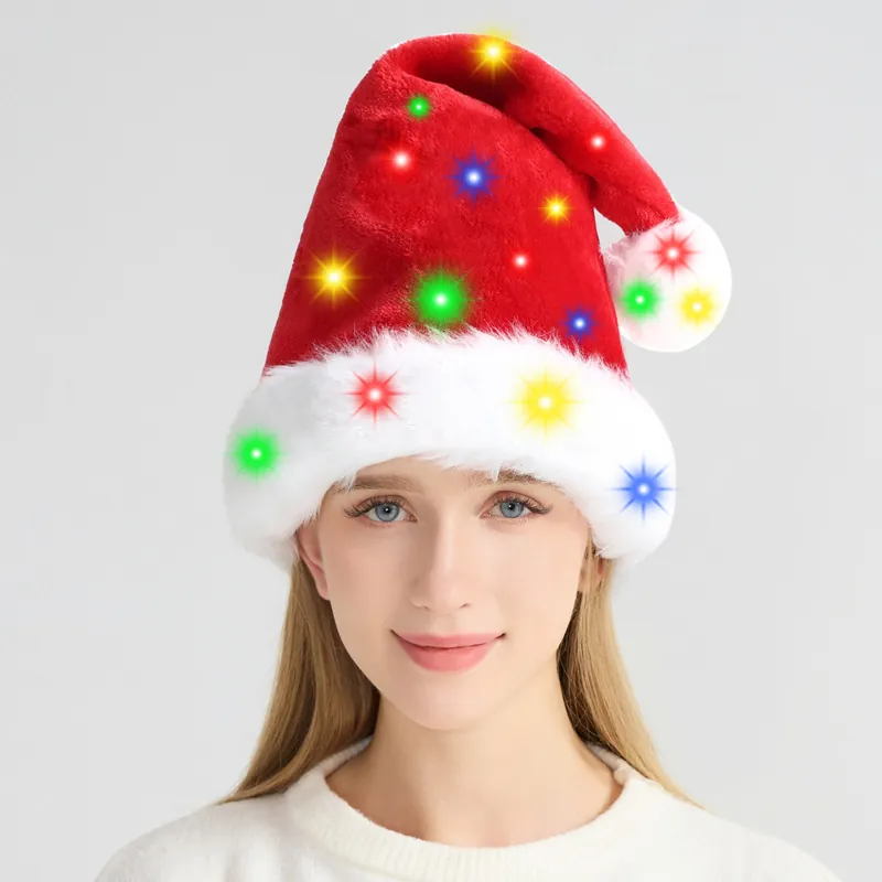 Glowing LED Christmas Hat Long Plush Knit Santa Hats Festive Party Decor Costume Headwear For Adults And Children