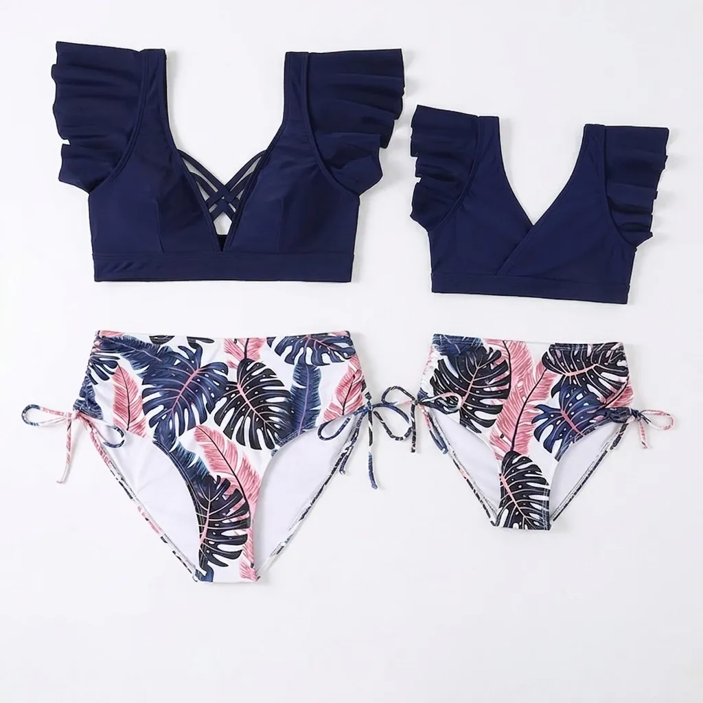 Women Girls Mommy And Me Bikini Top And Bottom High Waisted Ruffle V Neck Nylon Polka Dot Tropical Floral Print