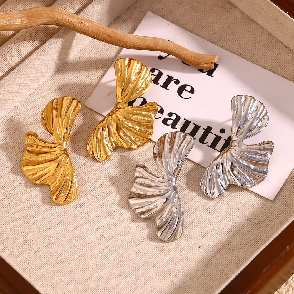 Ginkgo Leaf Stud Earrings Stainless Steel 18K Gold Plated Irregular Fold Petal Retro Style For Women