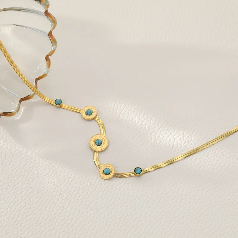 Bohemian Turquoise Pendant Necklace Stainless Steel Gold Plated Sun Pattern Flat Snake Chain For Women