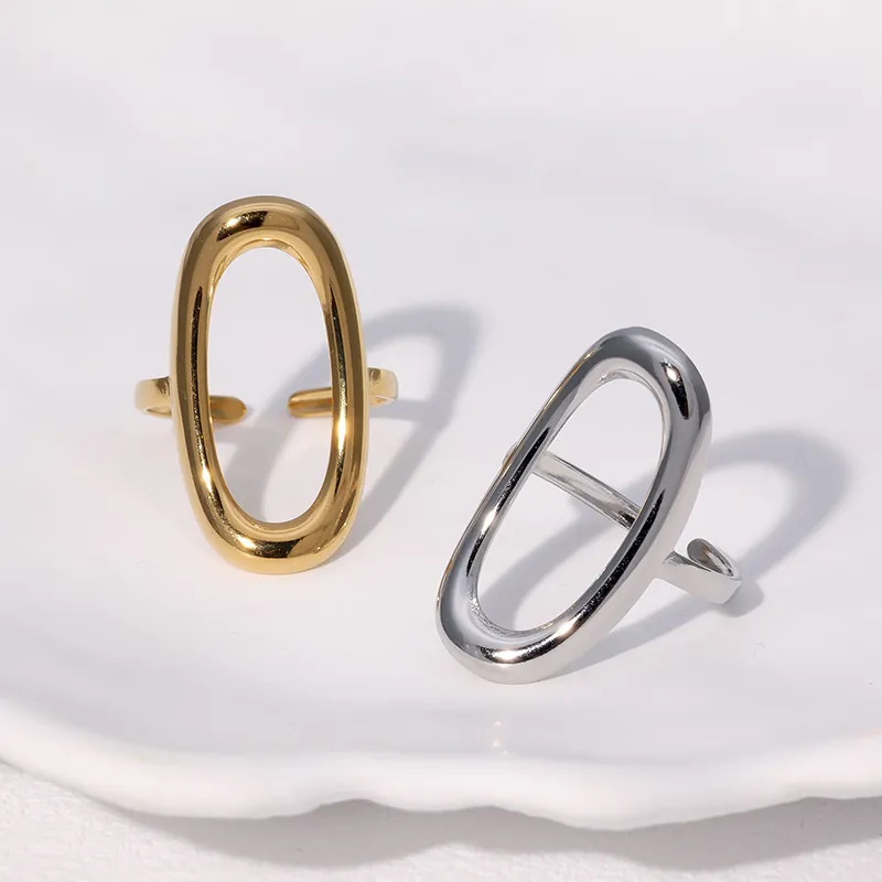 Stainless Steel Open Ring Minimalist Geometric Hollow Oval Adjustable Finger Jewelry For Women