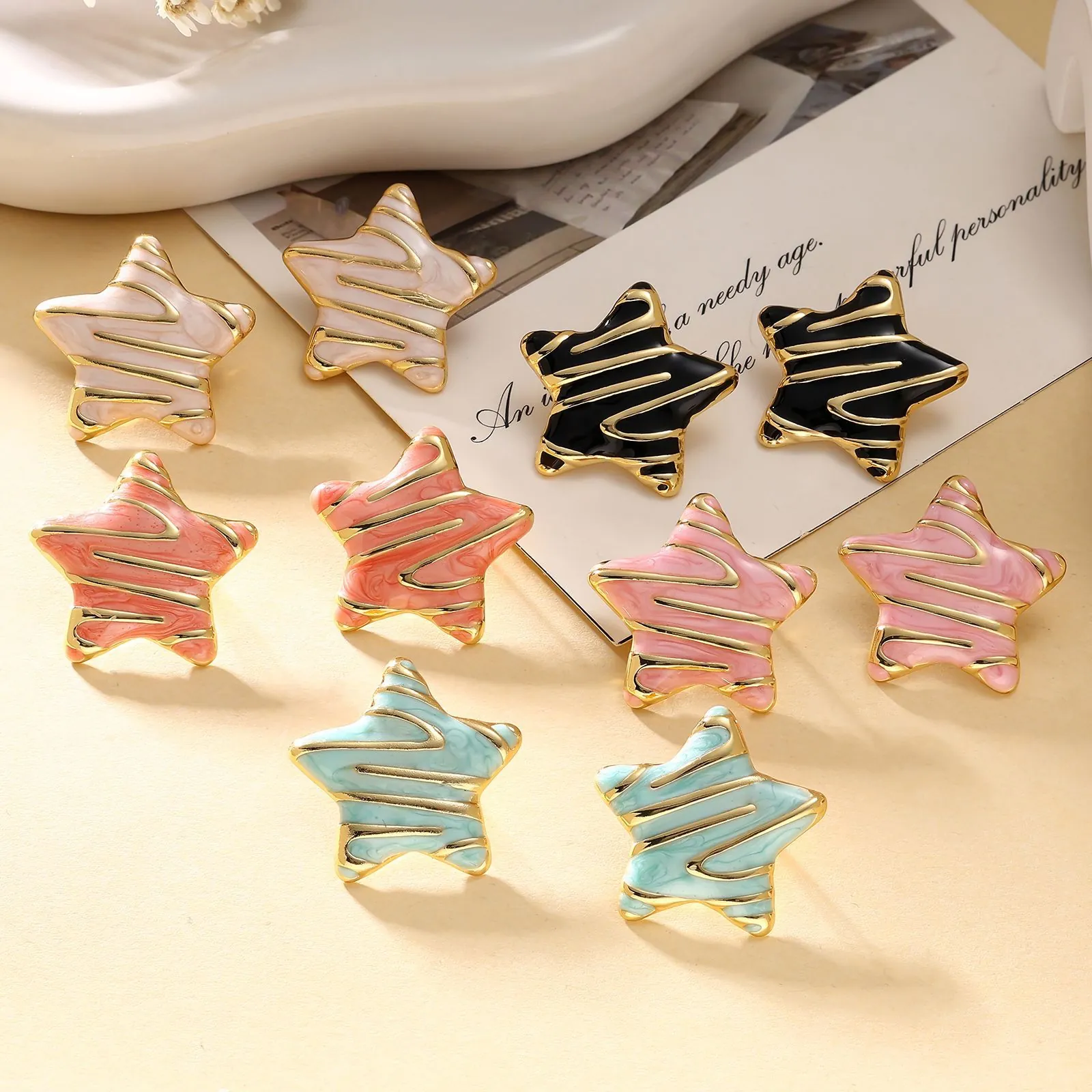 Retro Enamel Oil Dripping Star Stud Earrings For Women Stainless Steel French Style Marble Texture Star Geometric Earrings