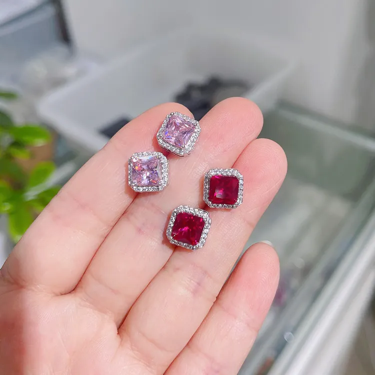 Square Heart Shaped Zircon Halo Earrings With 925 Sterling Silver Earring Post Luxury Geometric Jewelry For Women