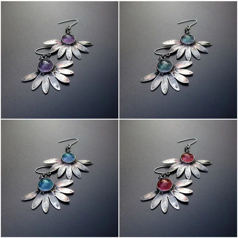 Vintage Bohemian Flower Drop Earrings Retro Alloy Resin Gemstone Floral Dangle Hook Earrings For Women Folk Style Jewelry