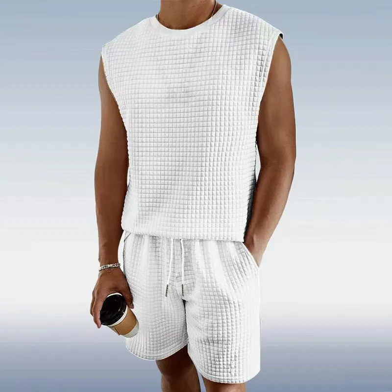 Men Waffle Knit Sleeveless Tank Top And Shorts Solid Color Checkered Texture Summer Sports Casual Gym Outfit