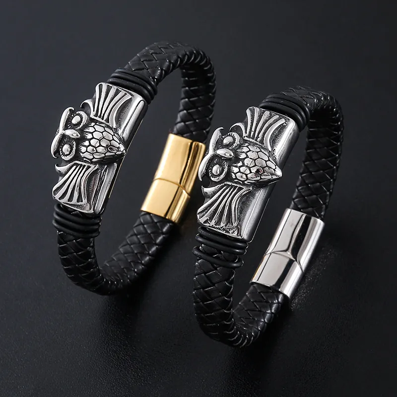 Men Braided Leather Bracelet 304 Stainless Steel Owl Retro Punk Wristband Magnetic Buckle