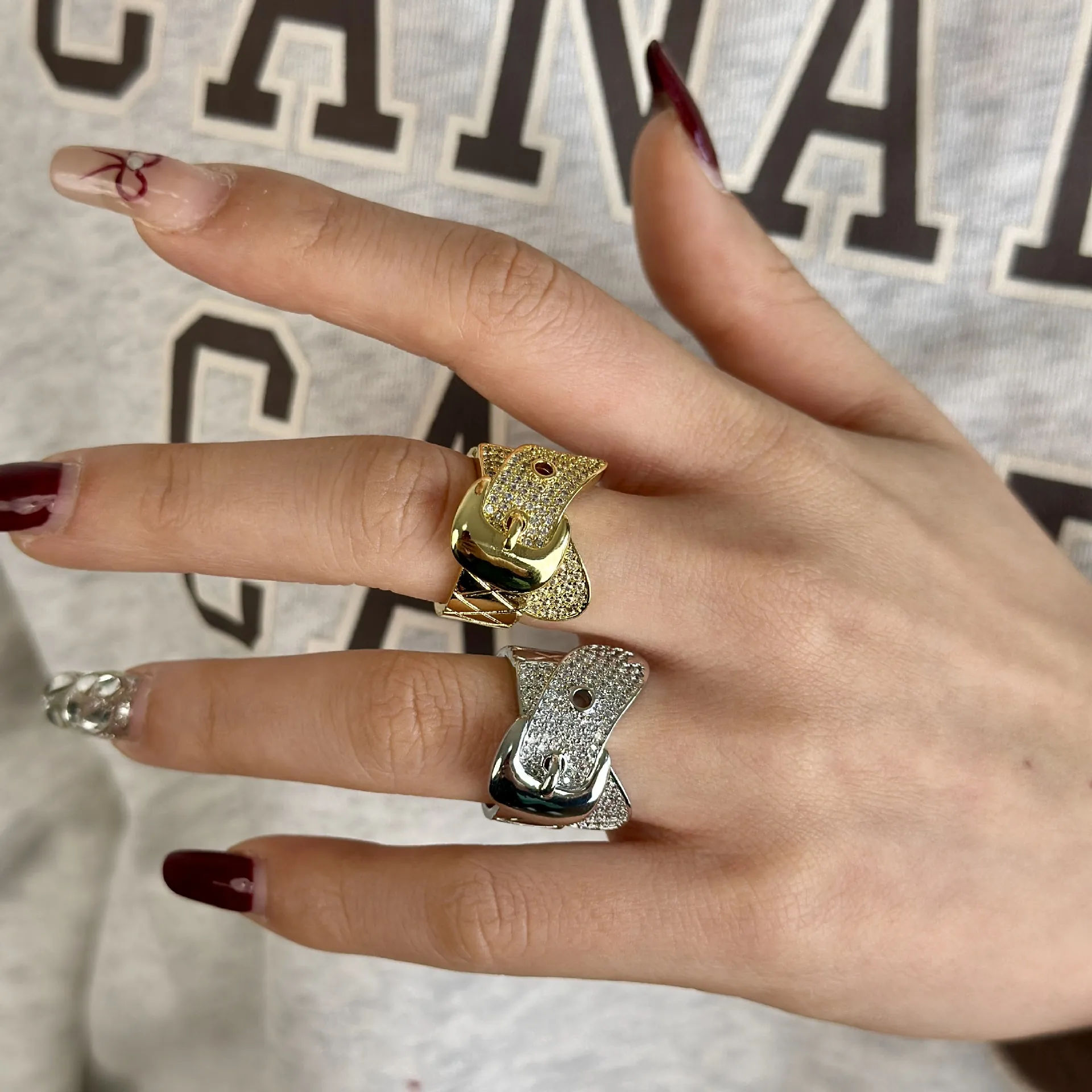 Hip Hop Belt Buckle Ring Punk Rhinestone Inlaid Adjustable Copper Finger Ring Luxury Fashion Jewelry Women Men Accessories