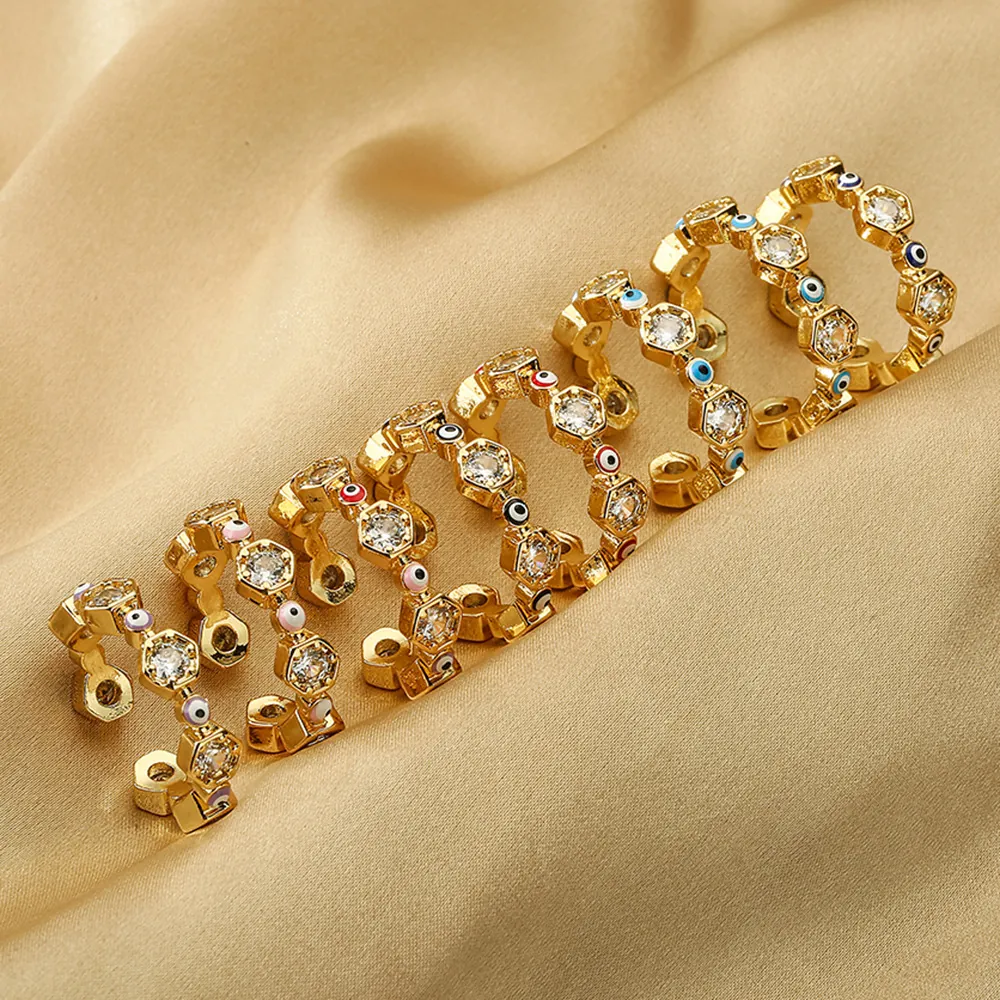 Anello Aperto in Rame Geometrico Evil Eye per Donna Placcato in Oro Esagono Strass Intarsiato Regolabile Pendolarismo Gioielli Anello