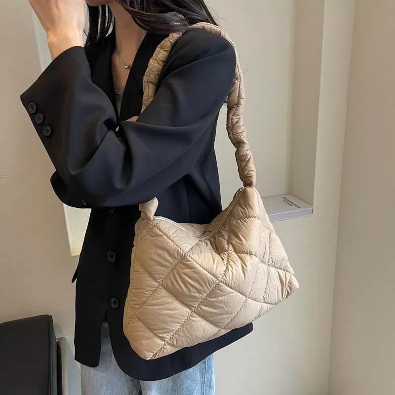 Quilted Puffer Shoulder Bag For Women Large Capacity Lightweight Rhombic Cloud Tote Nylon Fabric With Scrunchie Strap