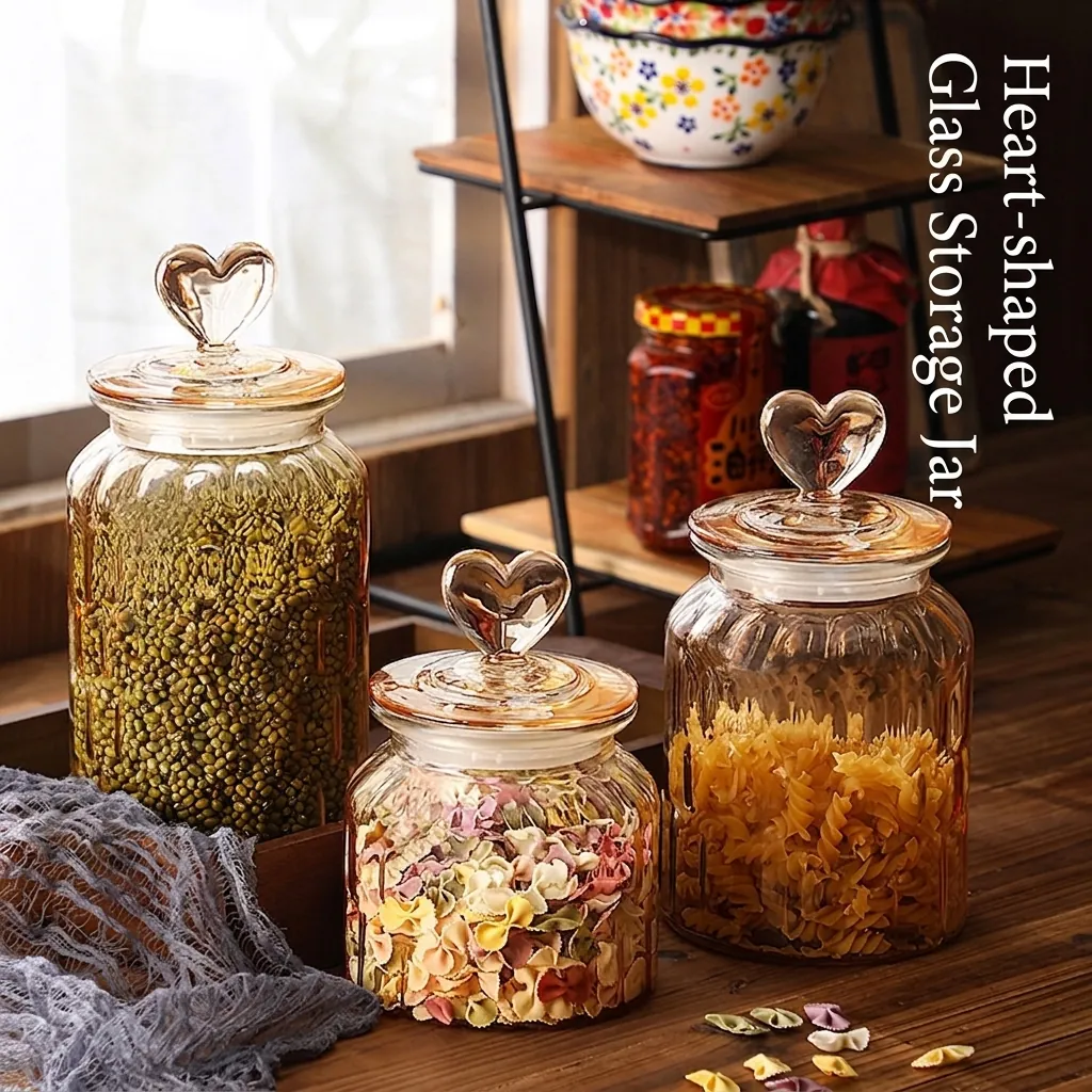 Amber Glass Storage Jar With Heart Handle Ribbed Airtight Food Canister For Candy Tea Nuts Kitchen Organizer Decorative