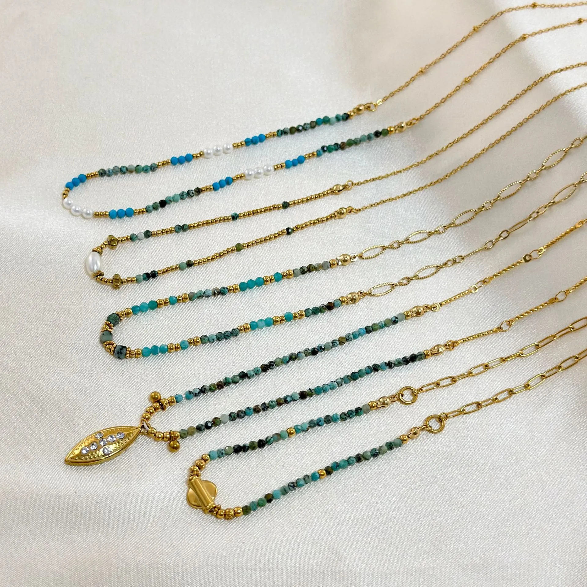 Bohemian Natural Stone Beaded Necklace Women 304 Stainless Steel 18K PVD Gold Plated French Vintage Jewelry