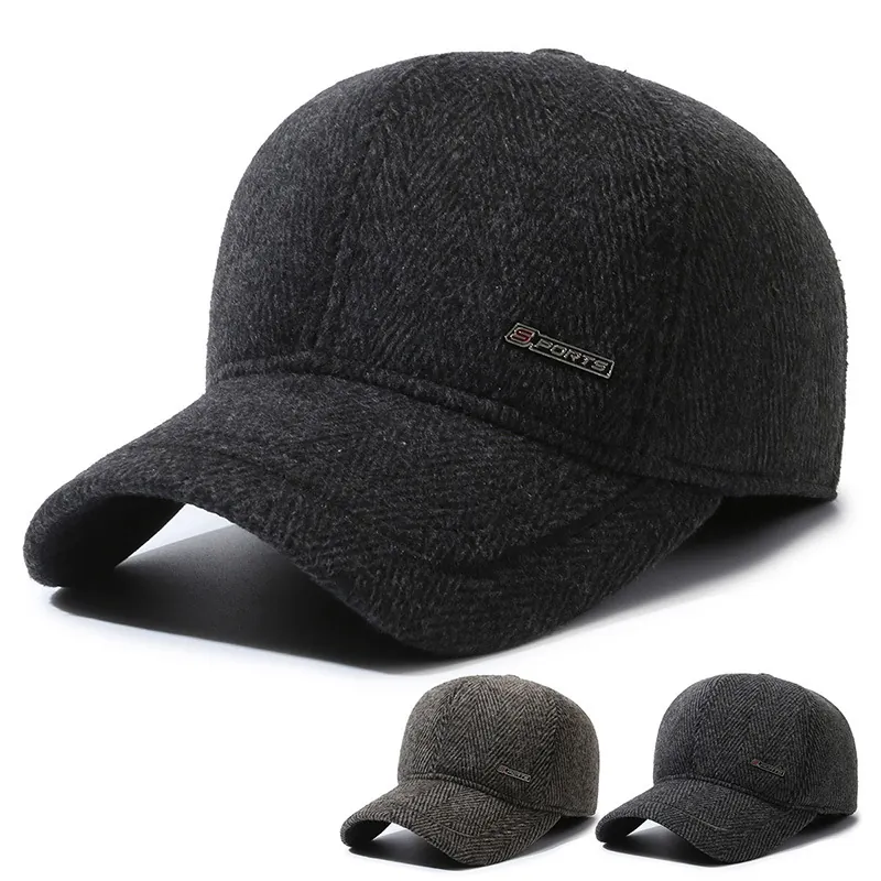 Men Winter Baseball Cap Herringbone Woolen Ear Protection Thick Warm Outdoor Sports Hat Adjustable