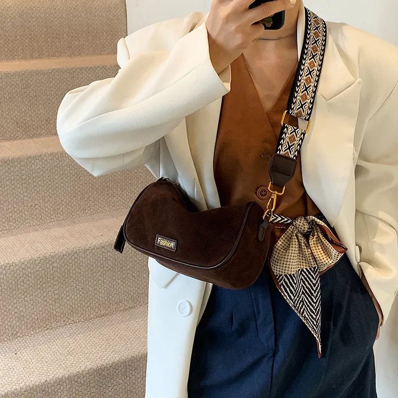 Pillow Crossbody Bag Frosted Suede PU Leather With Wide Geometric Strap And Scarf Decor For Women Retro Style