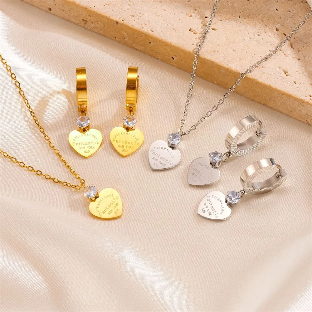 Herz Anhänger Halskette Und Ohrringe Schmuck Edelstahl Zirkon Gravierte Ewige Liebe Für Frauen Mode Trendy