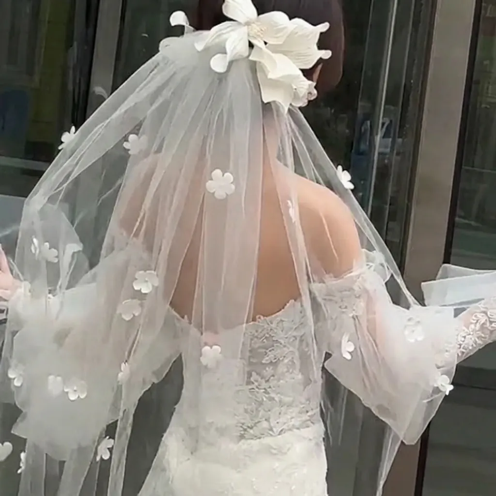 Bridal Veil Short Double Layer Tulle With Imitation Artificial Pearl Flower Decor For Wedding French Style Creamy White Women