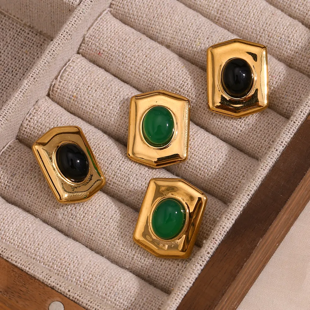 Retro Geometric Stud Earrings 18K Gold Plated Stainless Steel With Green Black Agate Inlaid Vintage Jewelry For Women