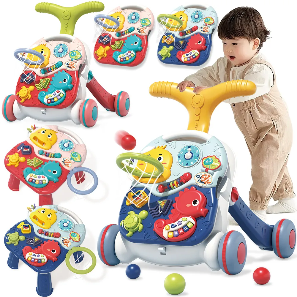 Multi-Functional Baby Walker Activity Game Table Musical Piano Basketball Hoop Plastic Toddler Early Education Toy Ocean Theme