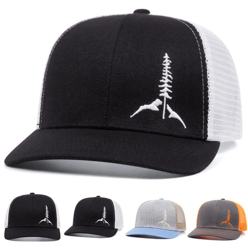 Embroidered Pine Tree Mountain Trucker Hat Breathable Mesh Baseball Cap Adjustable Outdoor Sun Hat For Men Women
