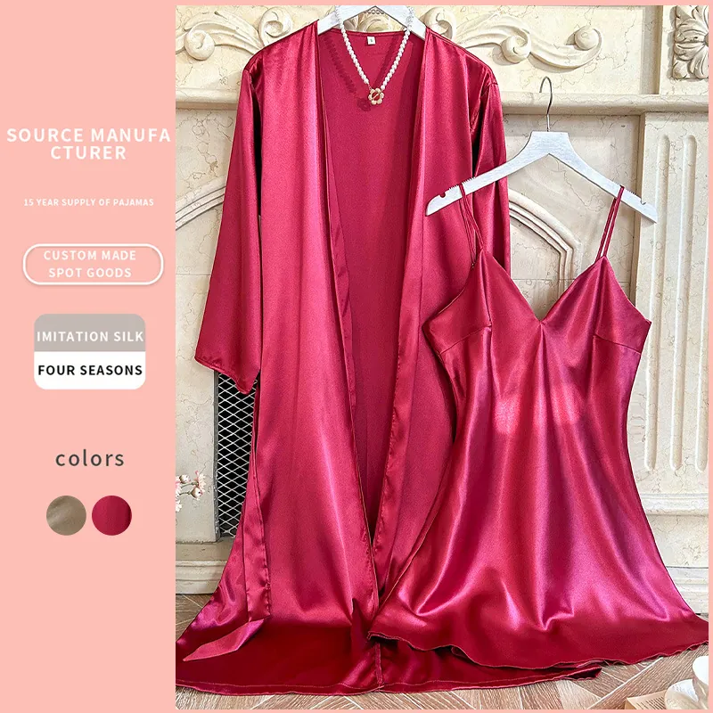 Women Loungewear Robe And V Neck Nightdress Imitation Satin Satin Sleepwear Breathable Elegant For Home