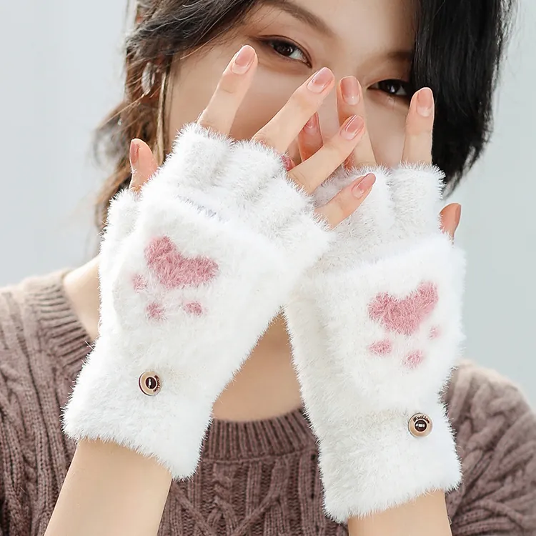 Cat Paw Plush Fingerless Gloves Faux Fur Convertible Flip Top Winter Warm Mittens For Women Girls