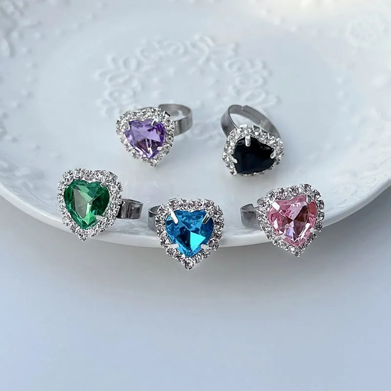 Heart Shaped Rhinestone Ring Stainless Steel Adjustable Opening Elegant Simple Luxury Finger Jewelry Gift For Women