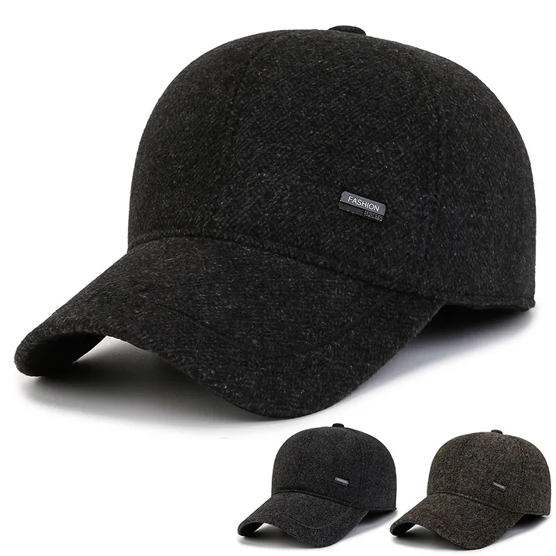 Men Winter Warm Cotton Woolen Baseball Cap With Foldable Ear Flaps Thick Solid Color Outdoor Windproof Dad Hat Senior Cap