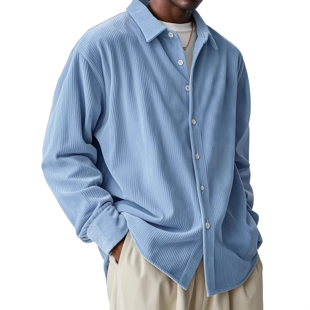 Men Long Sleeve Corduroy Shirt Polyester Solid Color Lapel Button Down Casual Ribbed Texture Minimalist Top Apparel