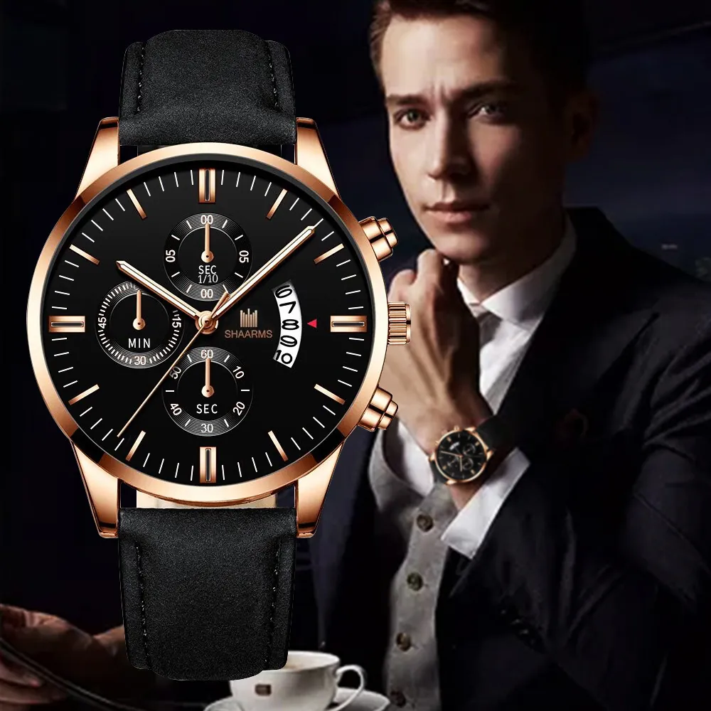 SHAARMS Men's Quartz Watch Alloy Case Artificial Leather Strap Chronograph Style Calendar Display Business Casual Wristwatch
