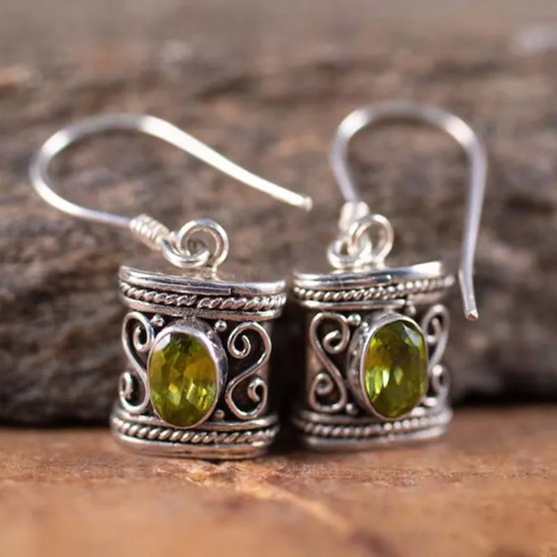 Vintage Bohemian Drop Earrings For Women Retro Ethnic Nepal Style Oval Green Gemstone Silver Tone Metal Dangle Earrings
