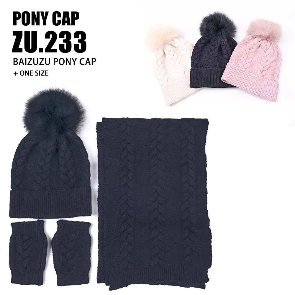 Cable Knit Beanie Hat Scarf And Fingerless Gloves Winter Warm Pompom Adult Women Outdoor Accessories Cotton