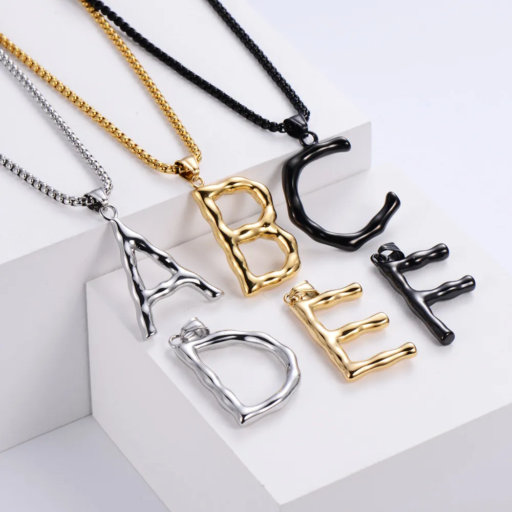 Initial Letter Pendant Necklace 304 Stainless Steel Lava Texture Bamboo Pattern Punk Hip Hop Streetwear Unisex Jewelry