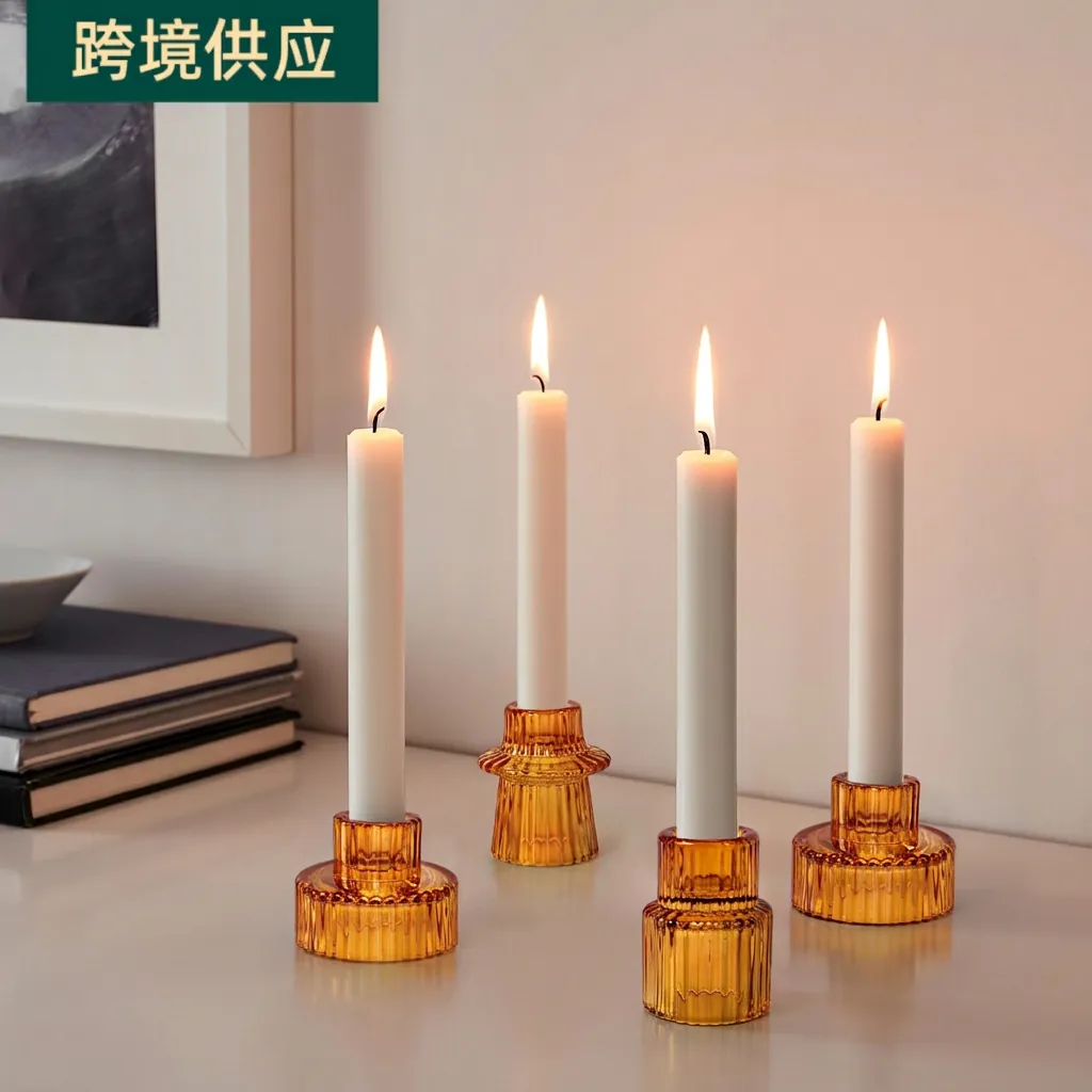Ribbed Glass Candlestick Holder Vertical Stripe Decorative Candle Base For Taper Candles Romantic Table Home Decor Vintage Style