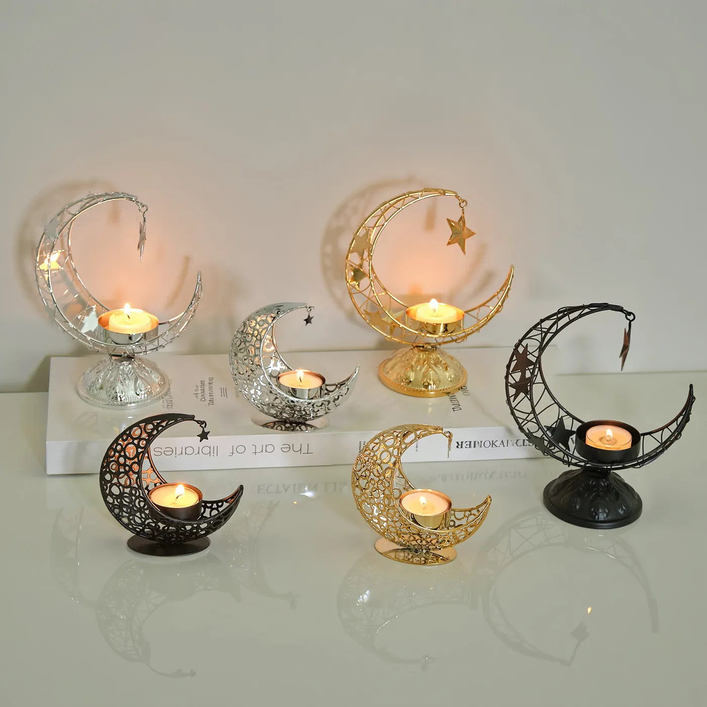 Crescent Moon Star Metal Candle Holder Hollow Out Incense Burner Ramadan Eid Decor Middle Eastern Desktop Ornament Gold